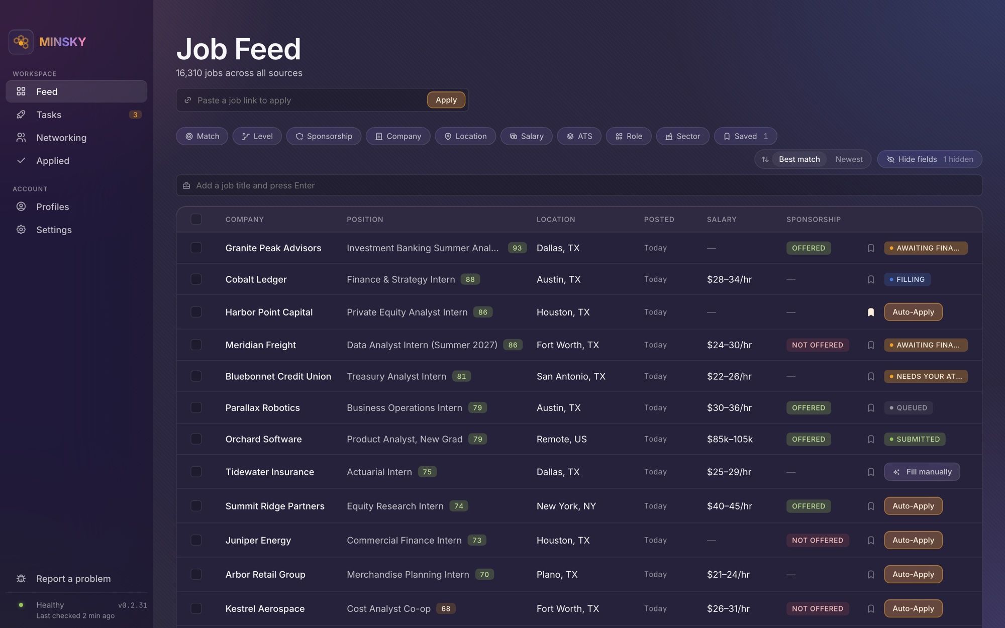 Job Feed: 16,000+ roles ranked by match score, with filters, sponsorship and an Auto-Apply button per row